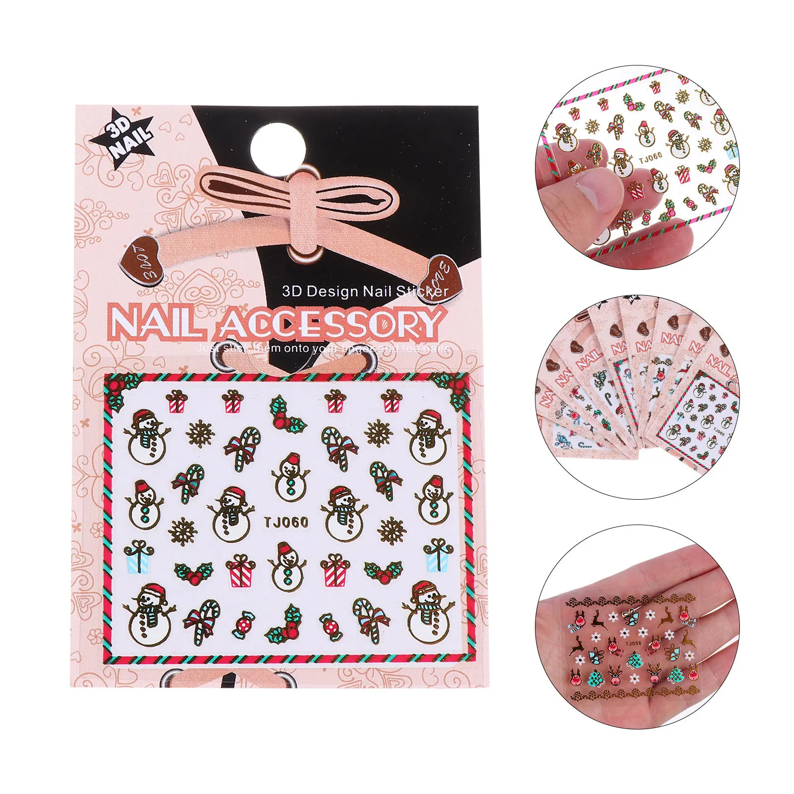 

24 Sheets Christmas Nail Art Stickers DIY Fake Nails Decal Reindeer New Year Decorations 3D Eco Friendly Self Adhesive