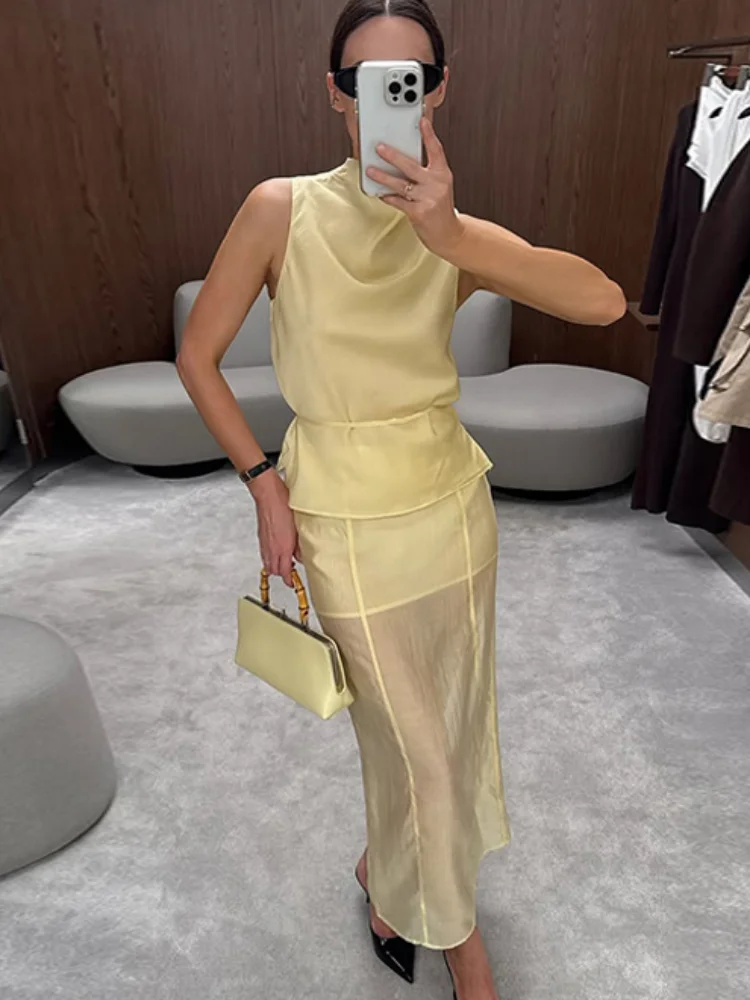 

Elegant Vest Skirts Women's Suit Loose O-neck Sleeveless Lace Up Top Tube Long Skirt Sets 2026 Spring Summer Lady 2 Pieces Set