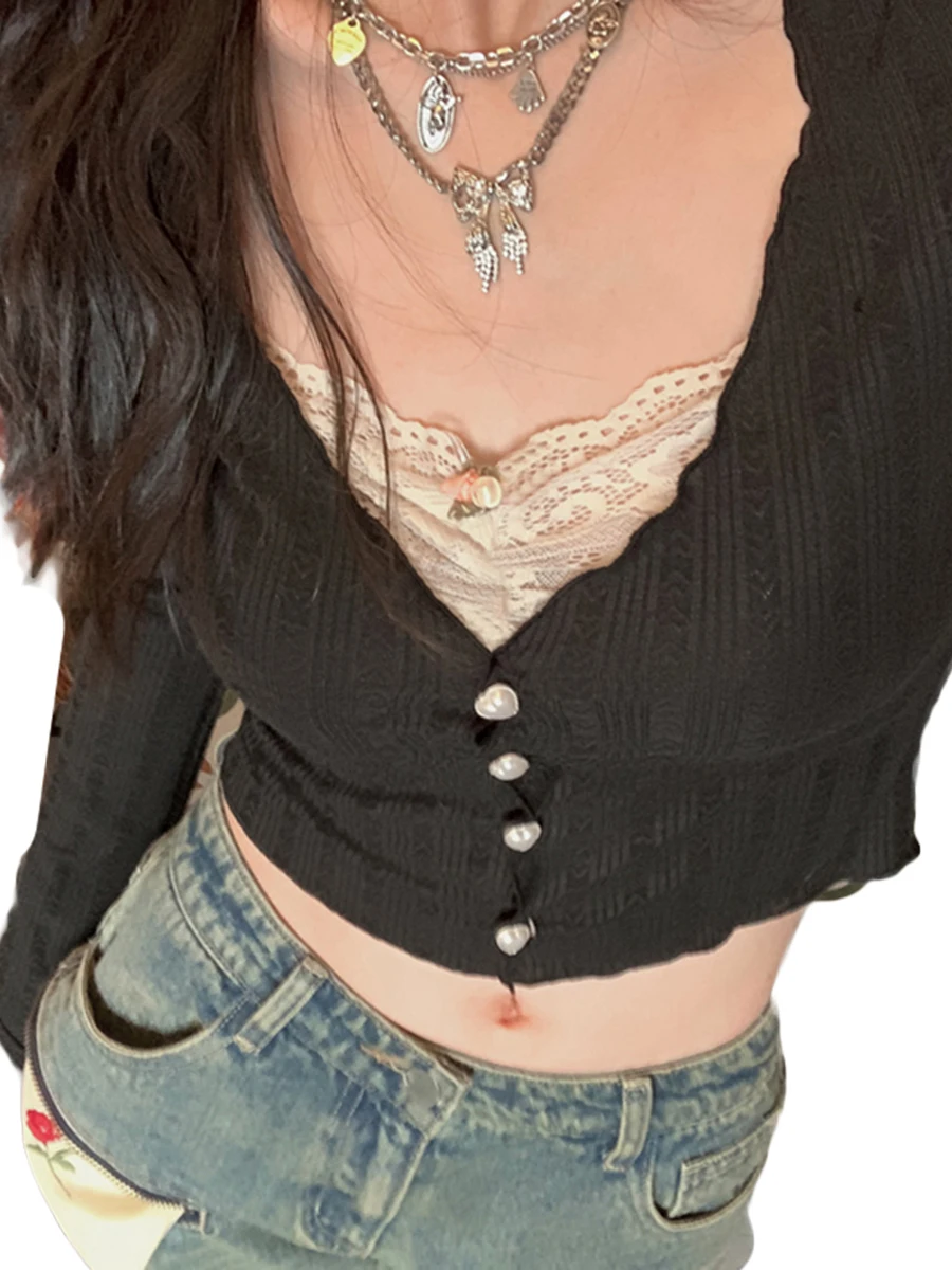 Women s Fashion Knitted Crop Tops with Lace Detailing and Sweetheart Neckline Long Sleeve Cardigan for a  Fit Streetwear