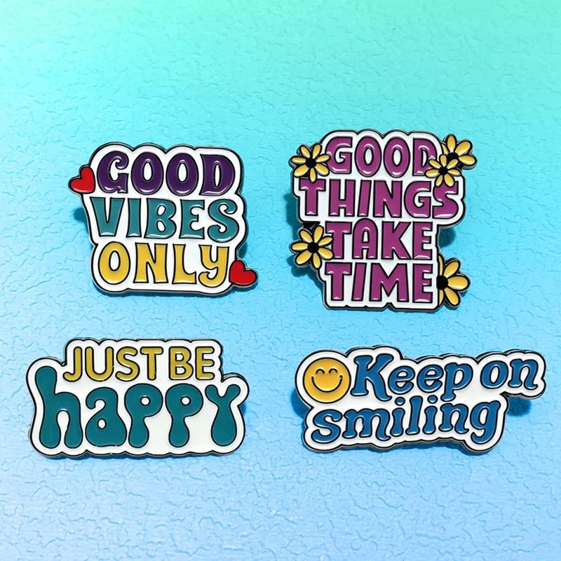 Cartoon Just Happy Pins 4-design Enamel Inspirational Quotes Sentences Brooch Metal Pin For Clothes Backpack Badge Friends Gifts