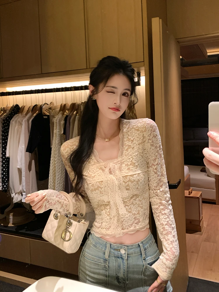 

Женская кружевная базовая футболка Linyener Pure Desire с длинным рукавом, утягивающая, для повседневной носки, роскошная, модная, весенняя, топ