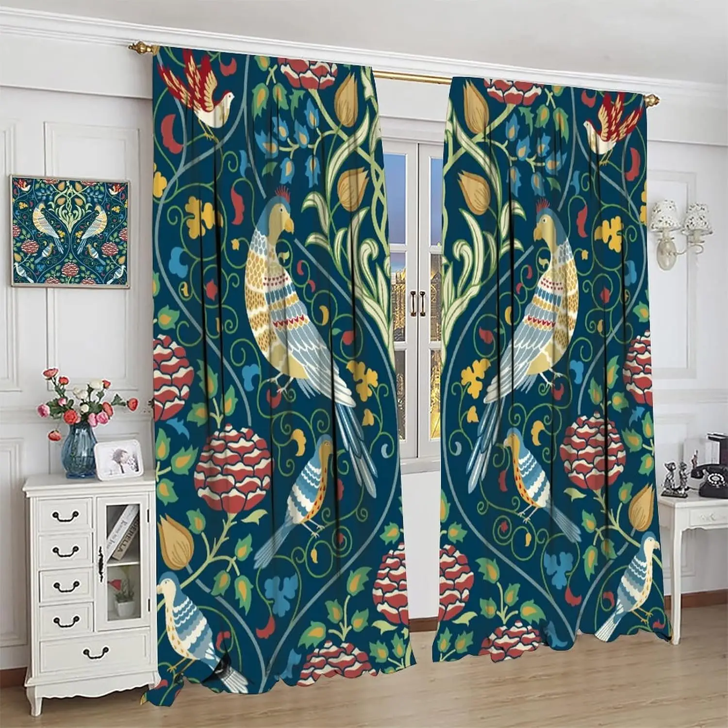 Vintage Bird Window Curtains，William Morris Original Design，Boho Vintage Flowers Living Girl Room Bedroom Curtain Window Curtain