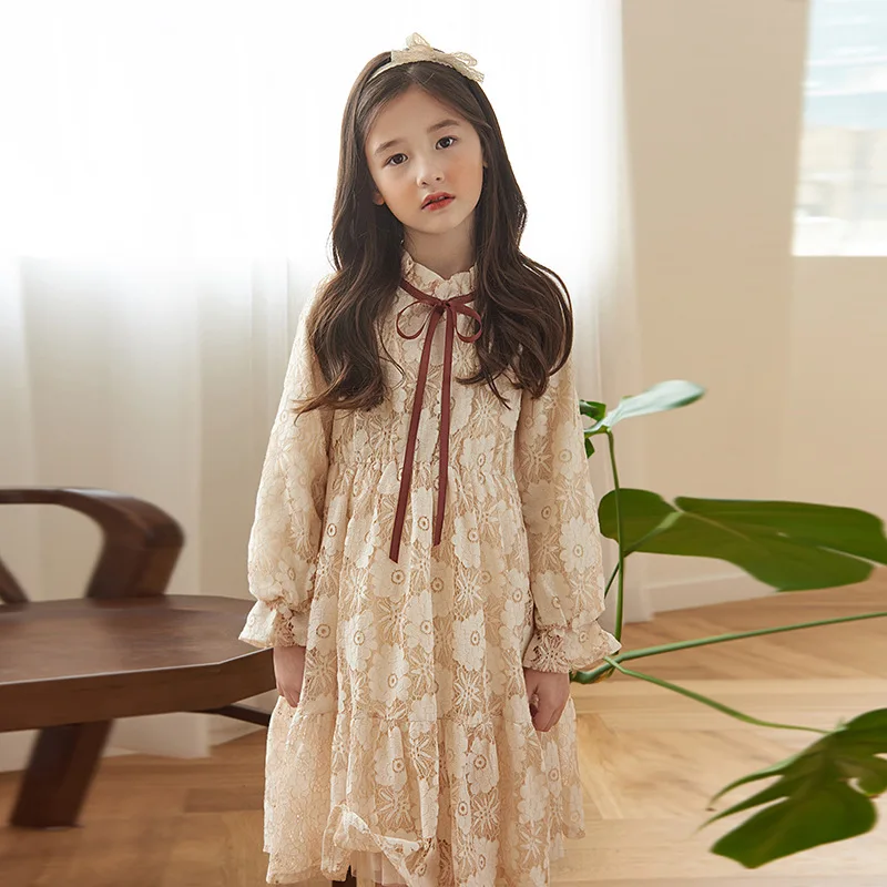 2024 Spring Autumn Winter Baby Girls Long Sleeves Casual Dresses 3-11Years Korean Version Kids Upscale Lace Princess Dress