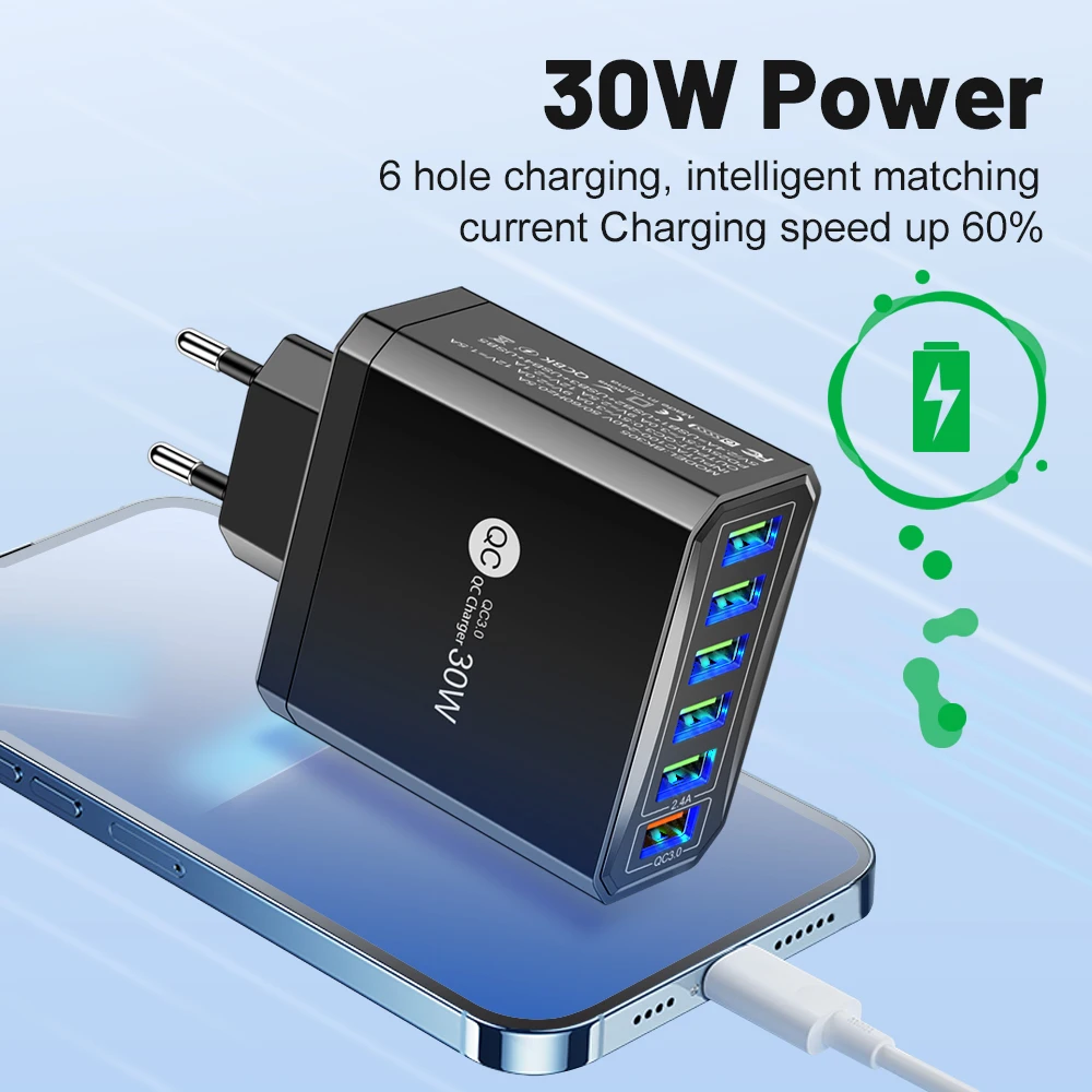 30W KR Plug Usb Charger Phone Charger 6 Port Fast Charging For IPhone 11 12 Pro Max Xiaomi Samsung Quick Charge Portable Charger