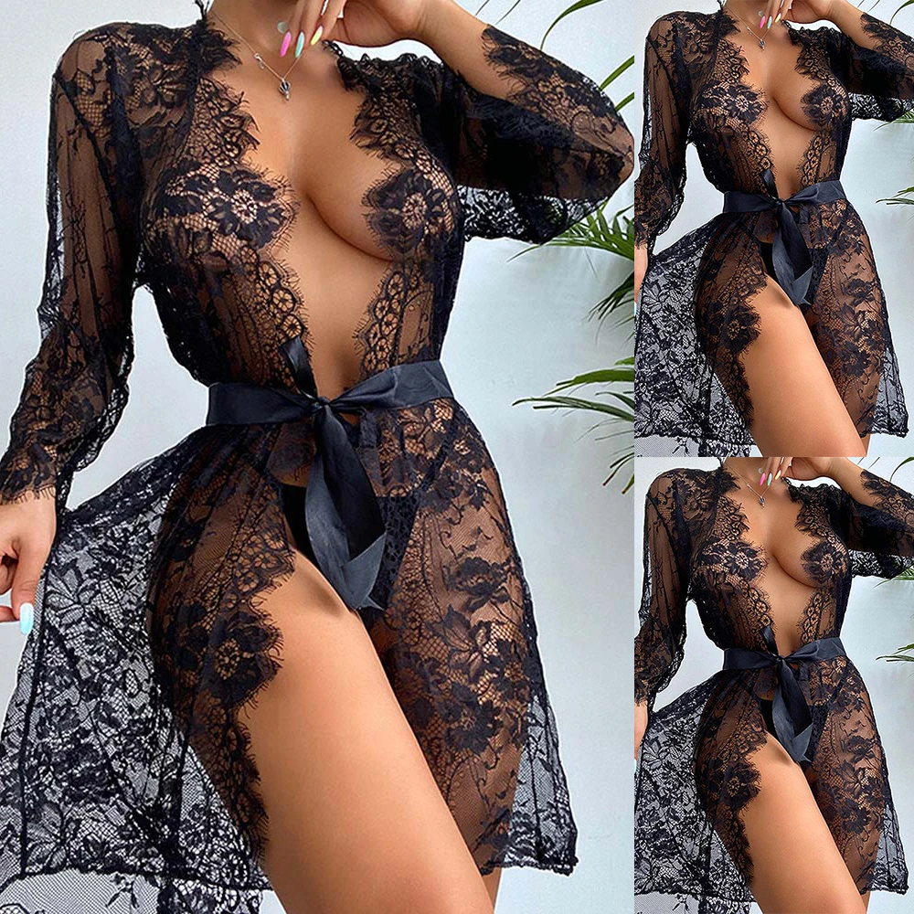 2024 Erotic Mesh Sheer Sensual Cardigan Nightwear For Women Sheer Mesh Bathrobes Babydoll Underwear Sleepwear Pamajas Nightdress