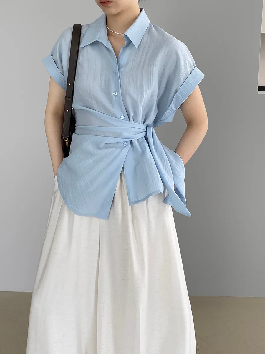 

Linen Korean style irregular strap shirt for women, summer slimming top short sleeved women's shirt