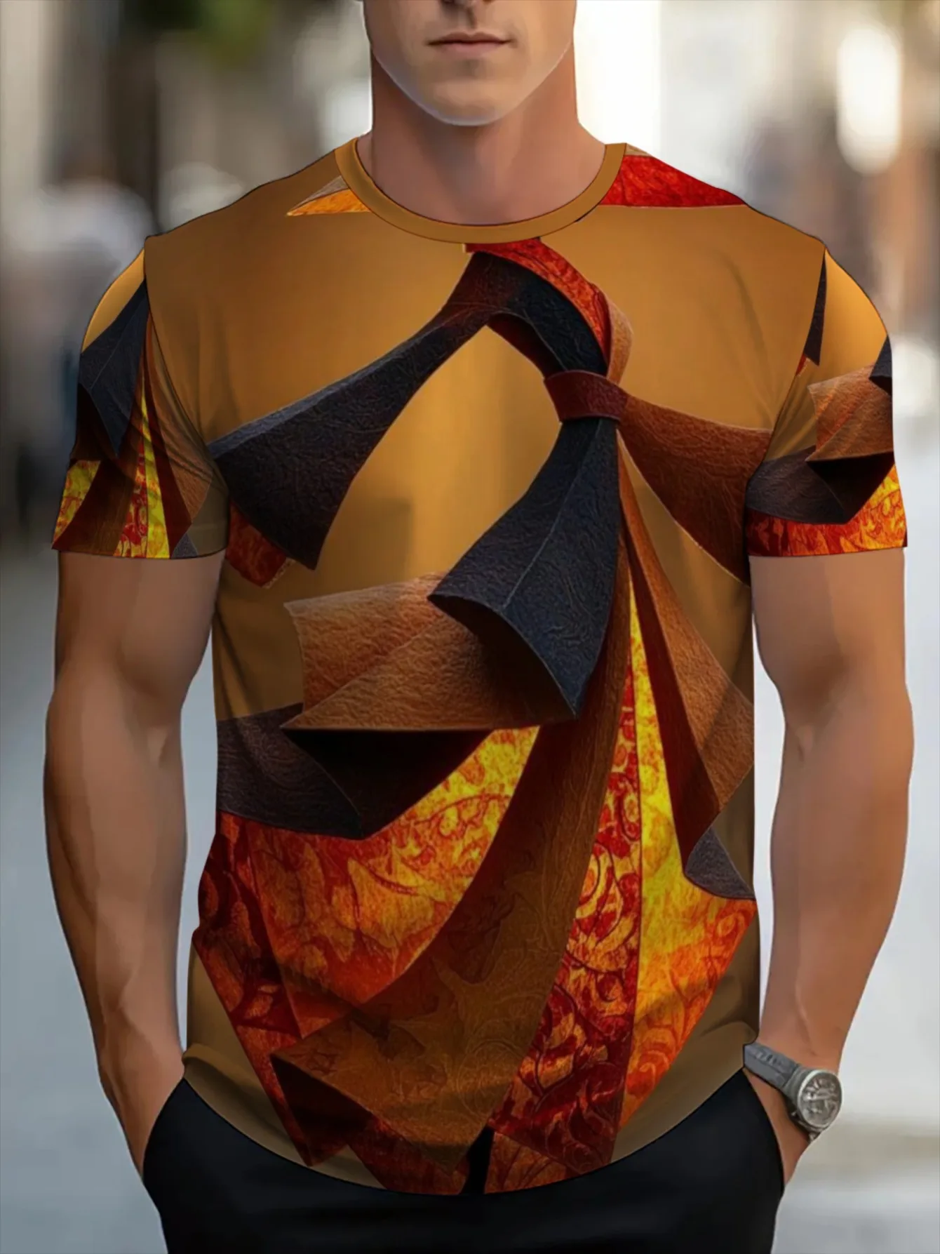 Men Brown Orange Black 3D Folded Ribbon Abstract Print Crew Neck Short Sleeve Tee