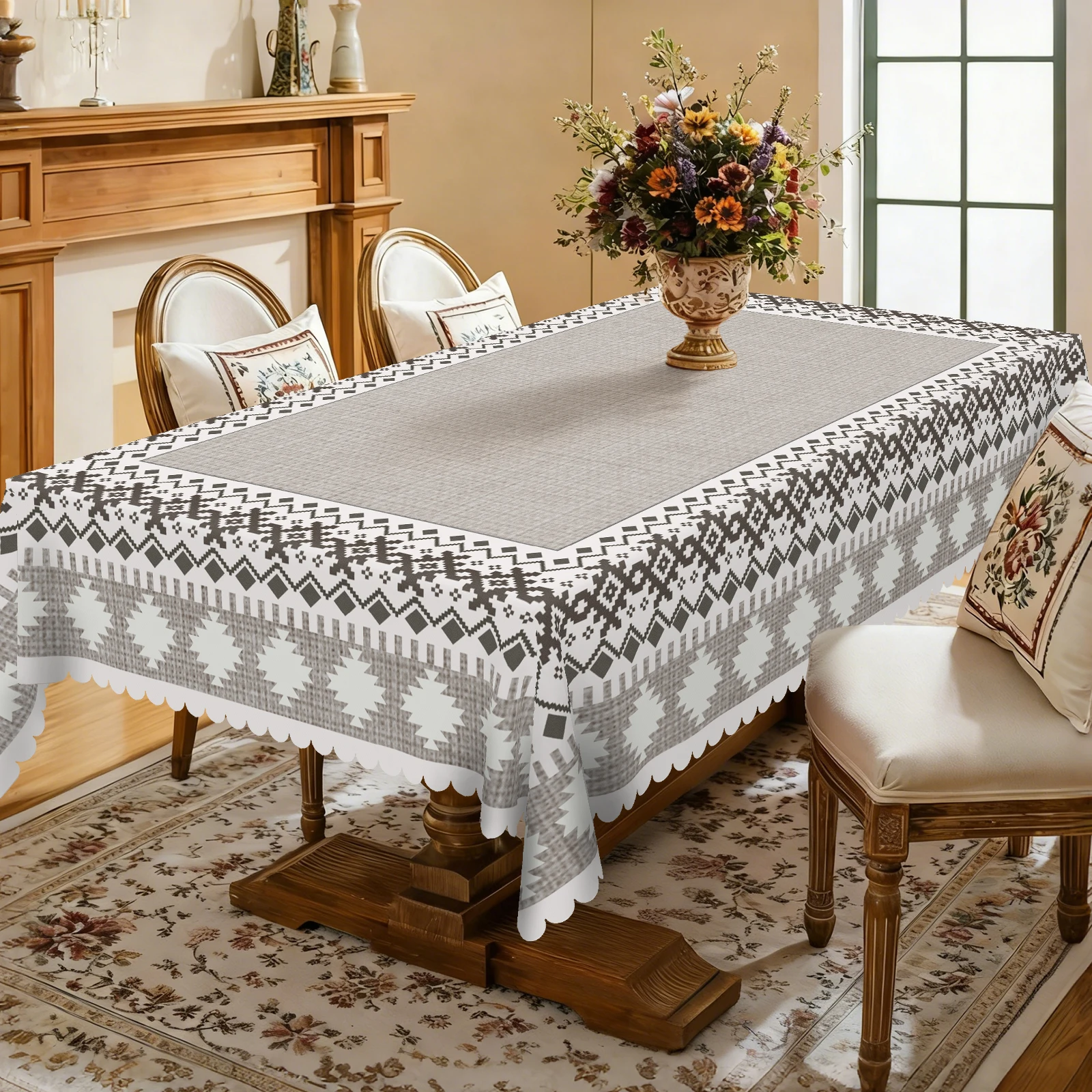 Bohemian Vintage Tablecloth, Classic Geometric Plaid Pattern Print, Multiple Size Options, Embossed Edges, Waterproof, Wrinkle-Resistant, Fade-Resistant, Perfect Gift for Family and Friends, Rectangular and Round Table Covers, Suitable for Spring, Summer, Autumn, and Winter, for Home Kitchens, Rooms, Courtyards, Balconies, Picnics, Cafes, Restaurant Tables Jh001