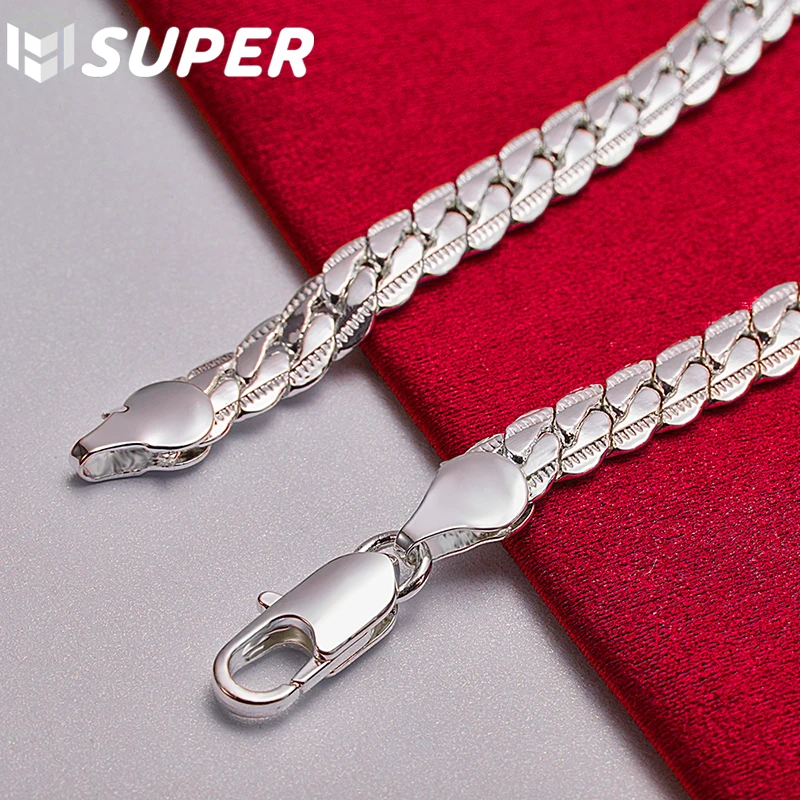 925 Sterling Silver Bracelet 6mm 18/19/20cm Flat Side Chain Lobster Clasp For Woman Man Wedding Engagement Jewelry