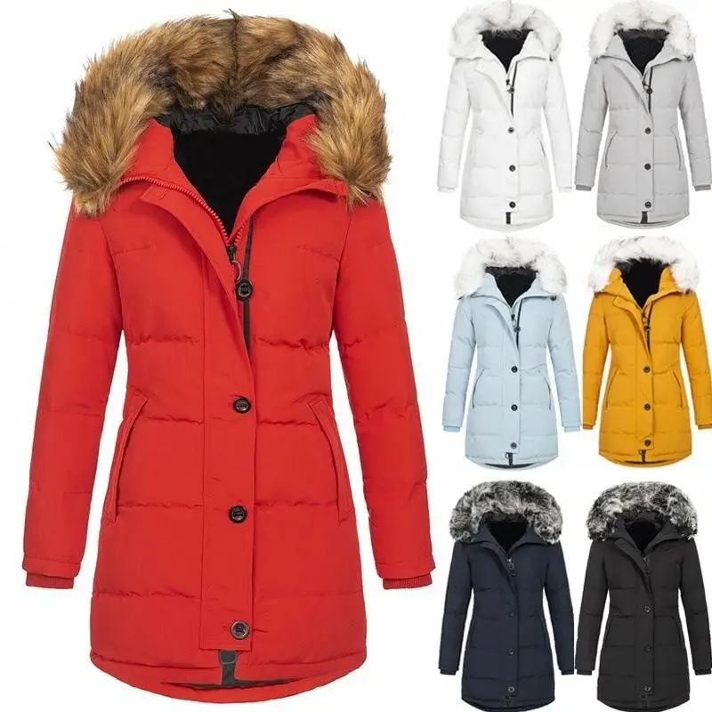 

Women's Hooded Long Sved Warm Zipper Cotton Jacket Thick Winter Coat Artistic Style Children's Outerwear Pure Color Design