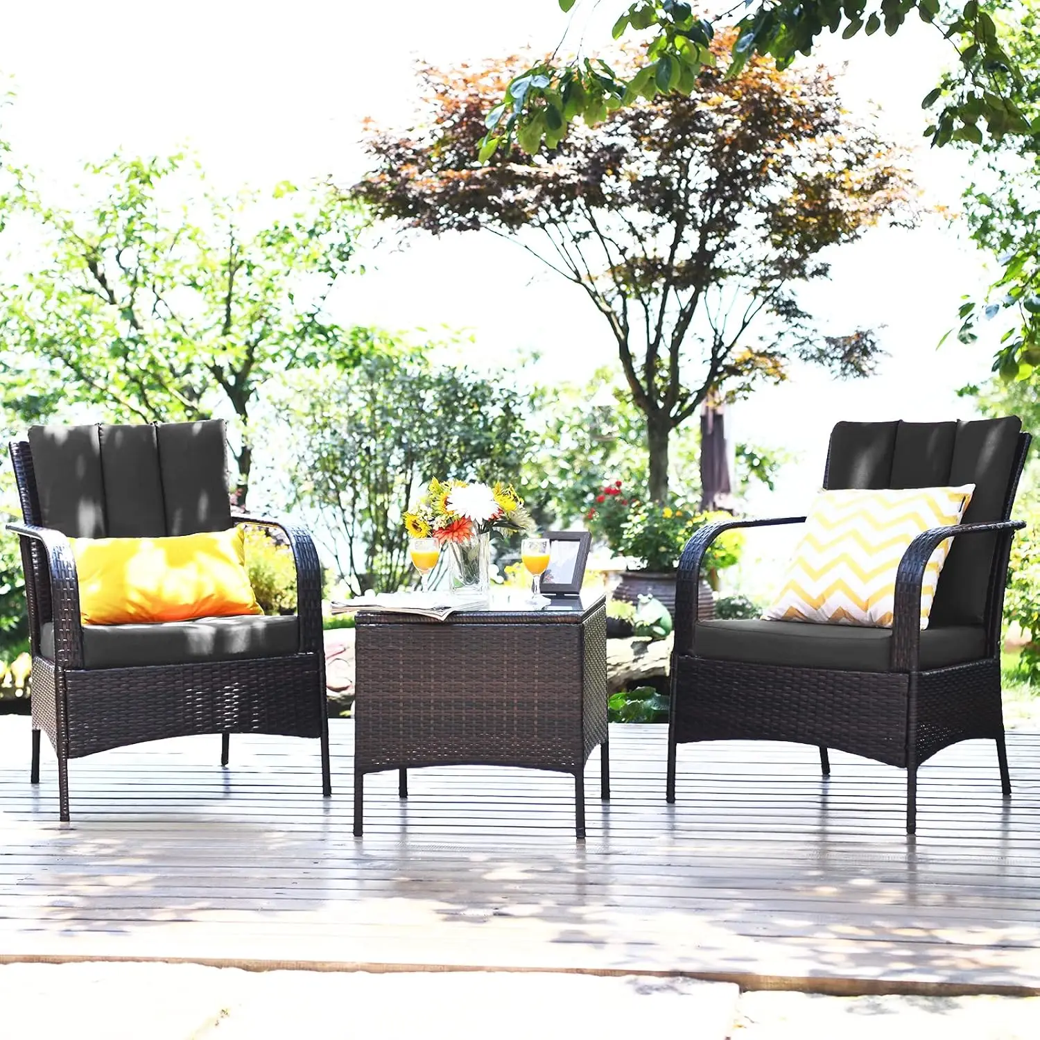 

3 Piece Patio Wicker Set, 2 Chairs w/Glass Coffee Table for Garden Porch Poolside Conversation