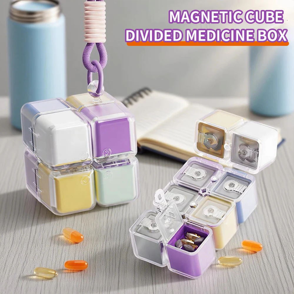 Magic Cube Pill Organizer, 8 Compartments Portable Pill Box with Lanyard, Cute Colorful Travel Pill Case, Small Daily Vitamin Me