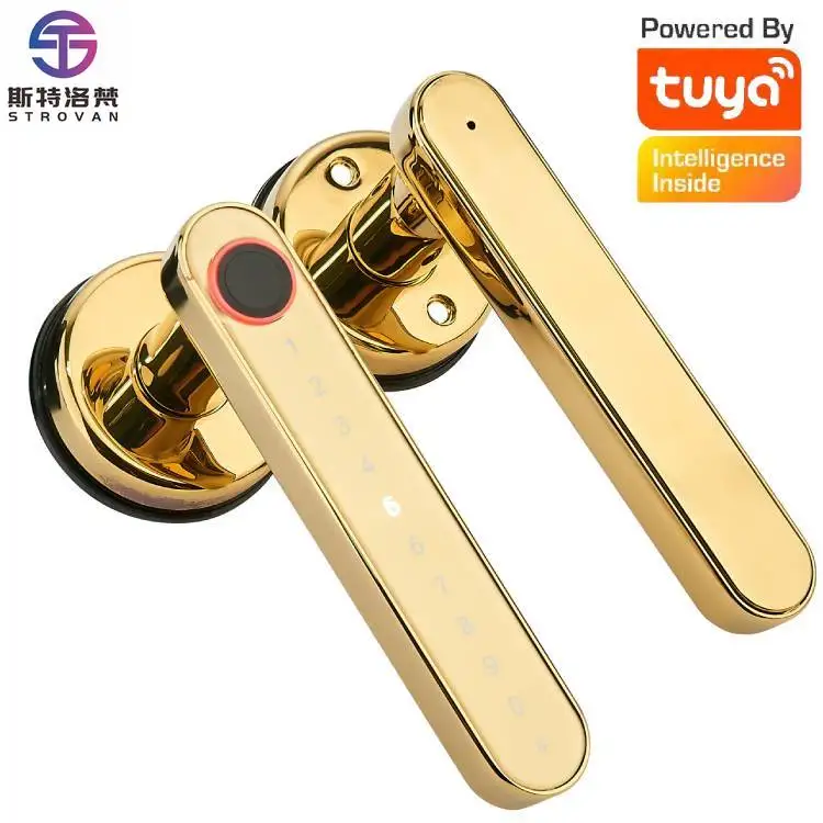 

ZXHK High Class Tuya TTlock Fancy Golden Smart Fingerprint & RFID Door Lock With Zinc Alloy Handle and Tempered Glass Panel