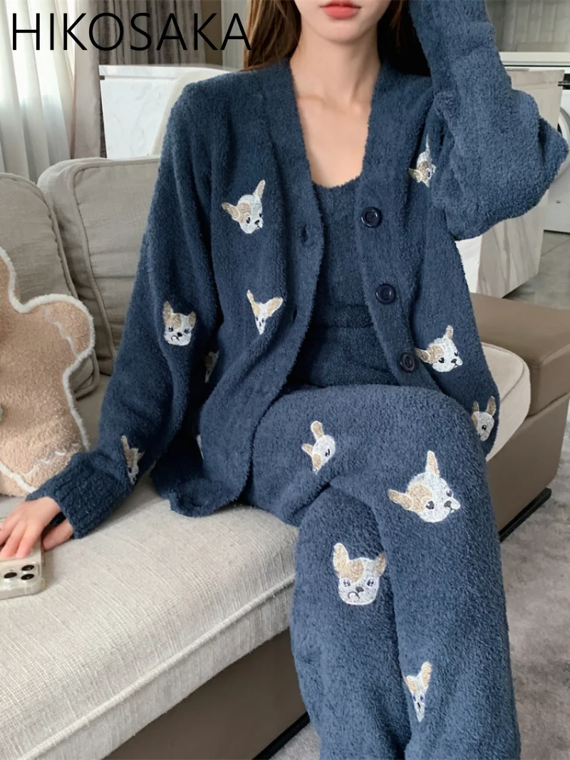 Japanese Kawaii Cartton Embroidery Print Pajama Three Piece Sets Autumn Winter Warm Casual Homewear Suit Fashion Loose Sleepwear