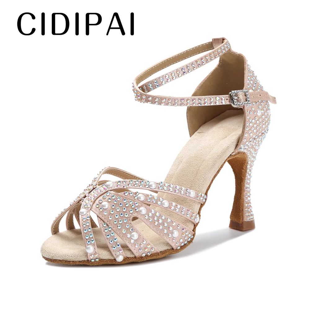 CIDIPAI, zapatos de baile latino con perlas para mujer, zapatos de baile de salón Salsa Rumba, zapatos de fiesta de suela roja, zapatos de boda con diamantes de imitación para mujer