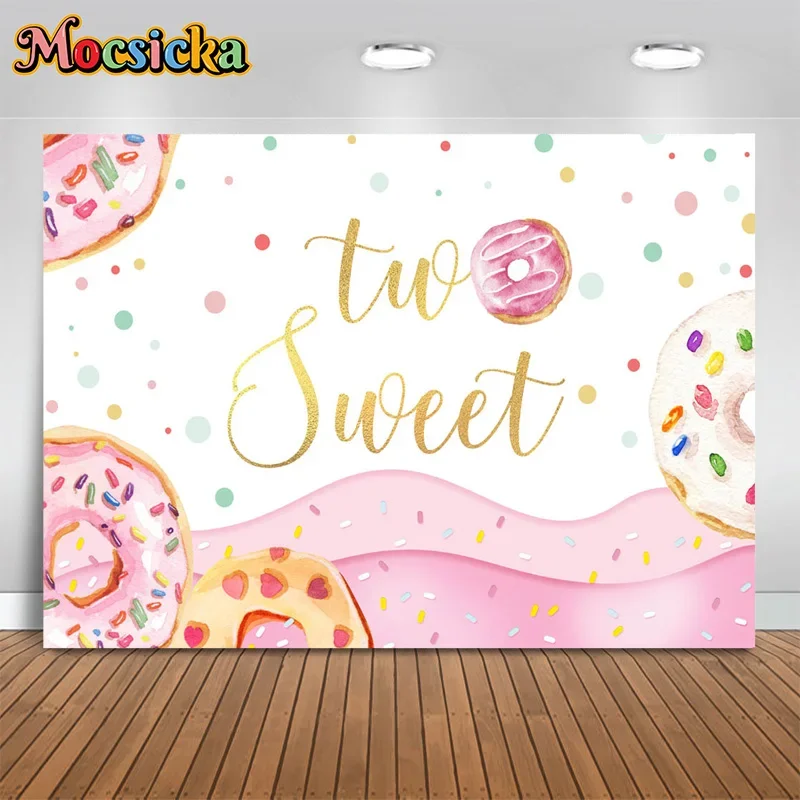 Mocsicka Girls 2st Happy Birthday Party Photography Backdrop Donut Background Cake Smash Customisable Banner Studio Props