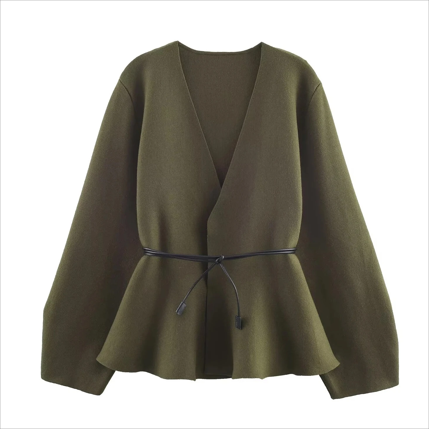 

Новое европейское и американское женское простое и повседневное вязаное пальто с поясом и v-образным вырезом с длинными рукавами