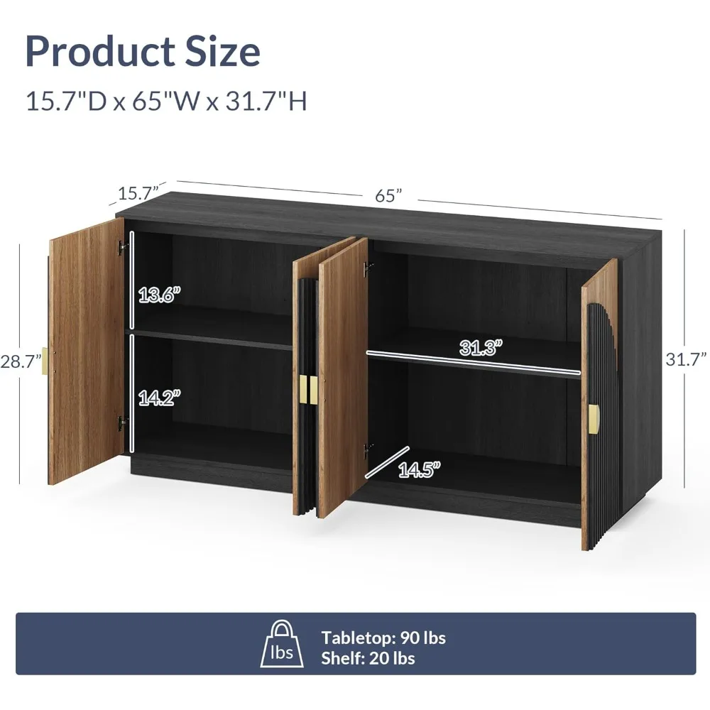 65 Inch Fluted Buffet Cabinet with Storage, Symmetrical Arc Accent Sideboard Large Console Table