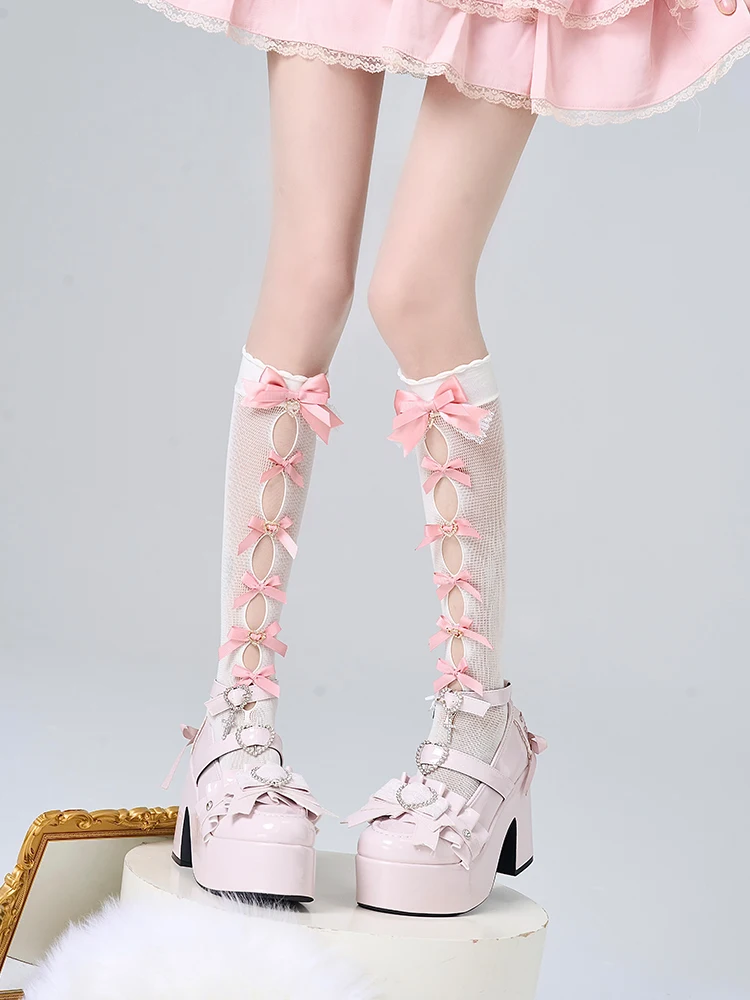 Japanese Hollow Bow Lace Mass-produced Subculture Love Black Powder Over The Knee Medium Tube Socks Women‘s Lolita Less Socks