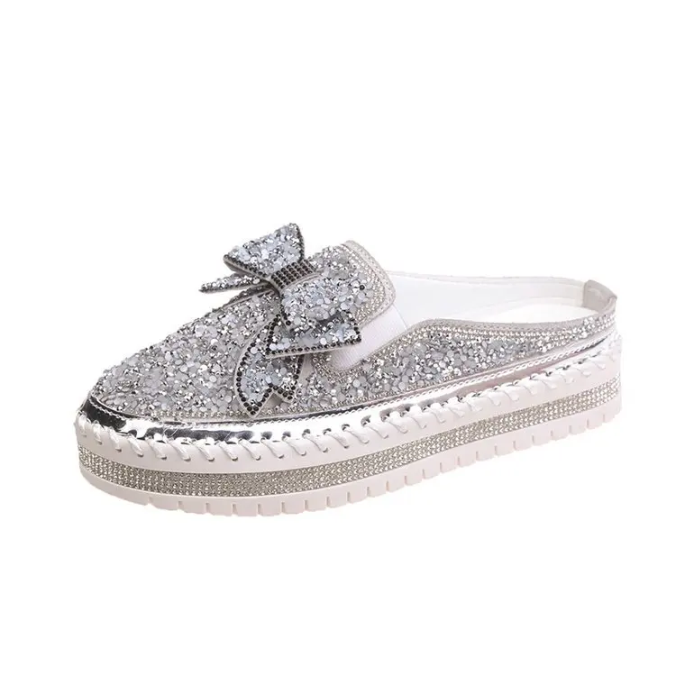 Low Female Shoes Ladies\' Slippers Glitter Slides Beige Heeled Sandals 2024 Jelly Summer Flat Black Rubber Crystal Fabric Solid R