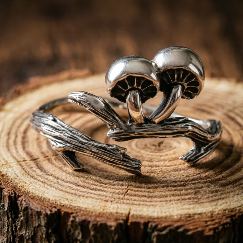 Vintage-Ring im Waldstil, handgeschnitzter Pilz-Öffnungsring, künstlerischer Ring für Damen, modischer, individueller Schmuck für Urlaub und Festivals.