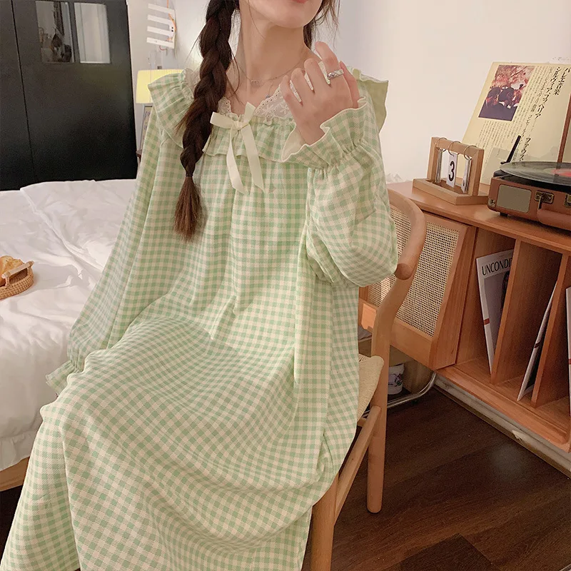 Large Size Dress Maternity Spring Summer Nightgown Cotton Long-Sleeved Pajamas Long Section Kawaii Floral Casual Simple Homewear