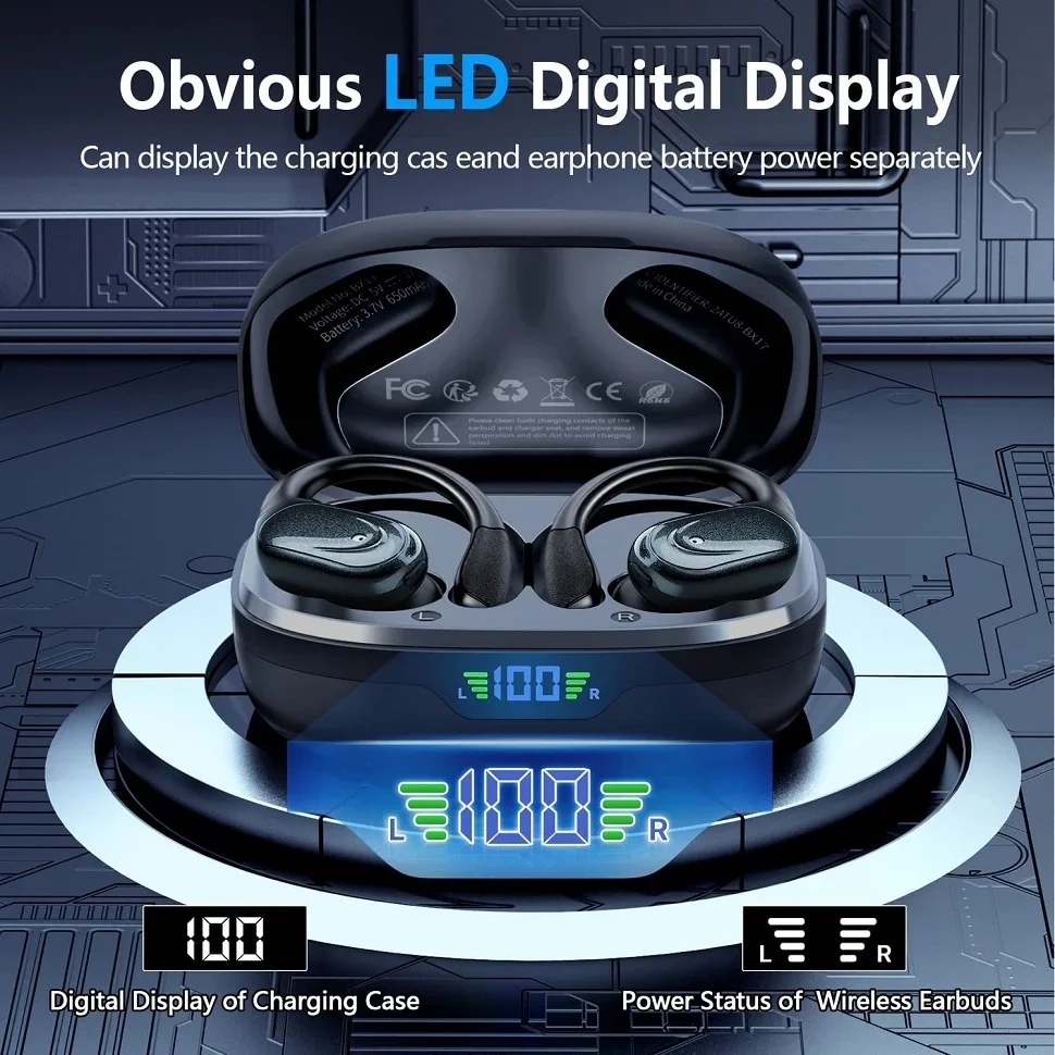 TWS Bluetooth 5.4 귀고리 이어폰 스포츠 헤드셋 Led 헤드폰 무선 이어 버드 소음 감소 마이크 60H HiFi 음악 시간