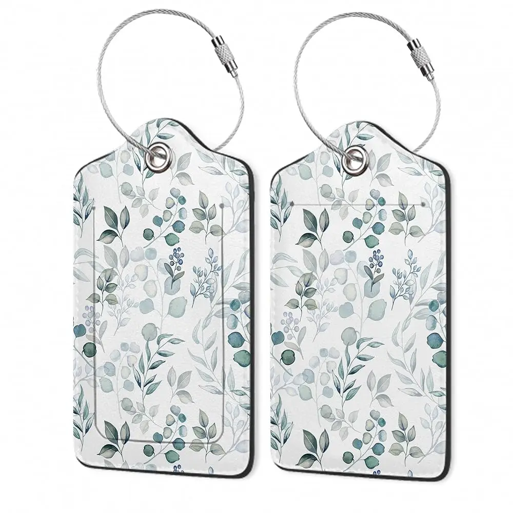 

2Pcs Luggage Tag for Suitcase Sage Grey and Green Leaves Cute Suitcase Tag with Privacy Flap & Name ID Label & Metal Loop,Tra
