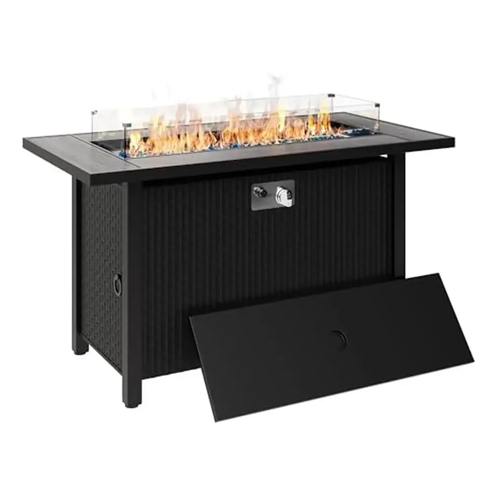 Outdoor Propane Fire Pit Table 50,000 BTU Glass Wind Guard Waterproof Cover Ambiance Maker Patio Furniture 45