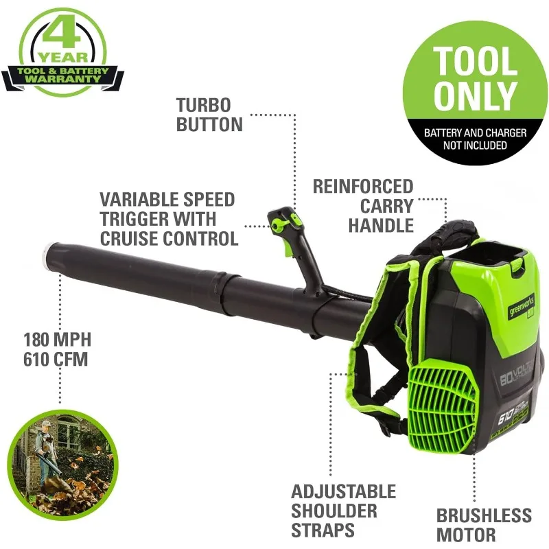 Greenworks 80V (180 MPH / 610 CFM / 75+ Compatible Tools) Cordless Brushless Backpack Blower, Tool Only