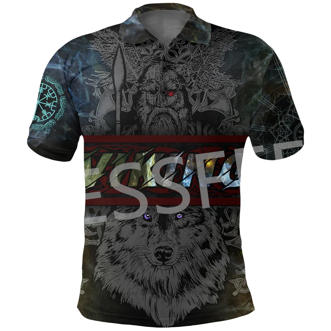 Custom Name Warriors Norse Mythology Odin Fenrir Tattoo Retro 3DPrint Summer Polo Jersey Shirts Harajuku Casual Short Sleeves X3