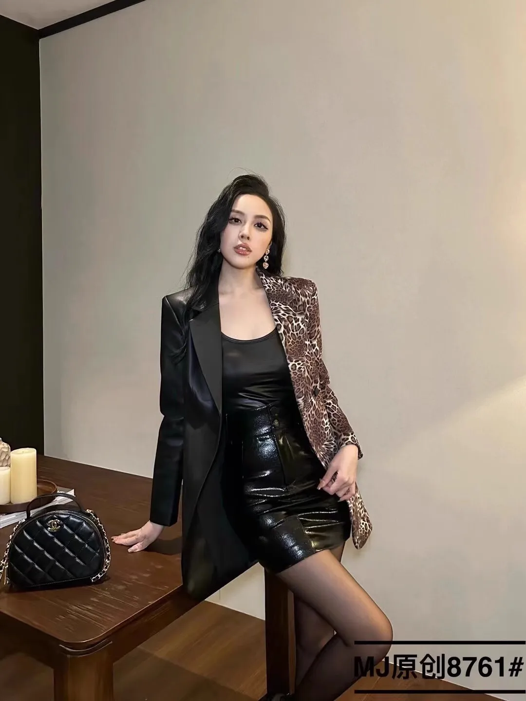 Autumn Winter Fashion Leopard Fake Two Piece Leather Short Dress Women Notched Blazer Dress Suit Coat Belt