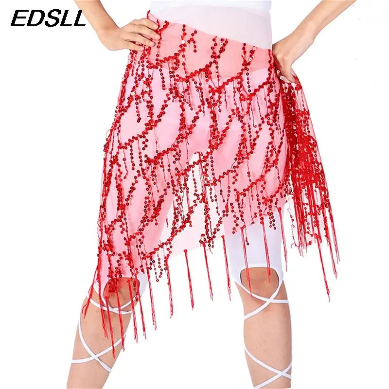 Mulheres dança do ventre lantejoulas borla cinta hip cachecol senhoras dança indiana borla lantejoulas triângulo cachecol cintura corrente acessórios de dança