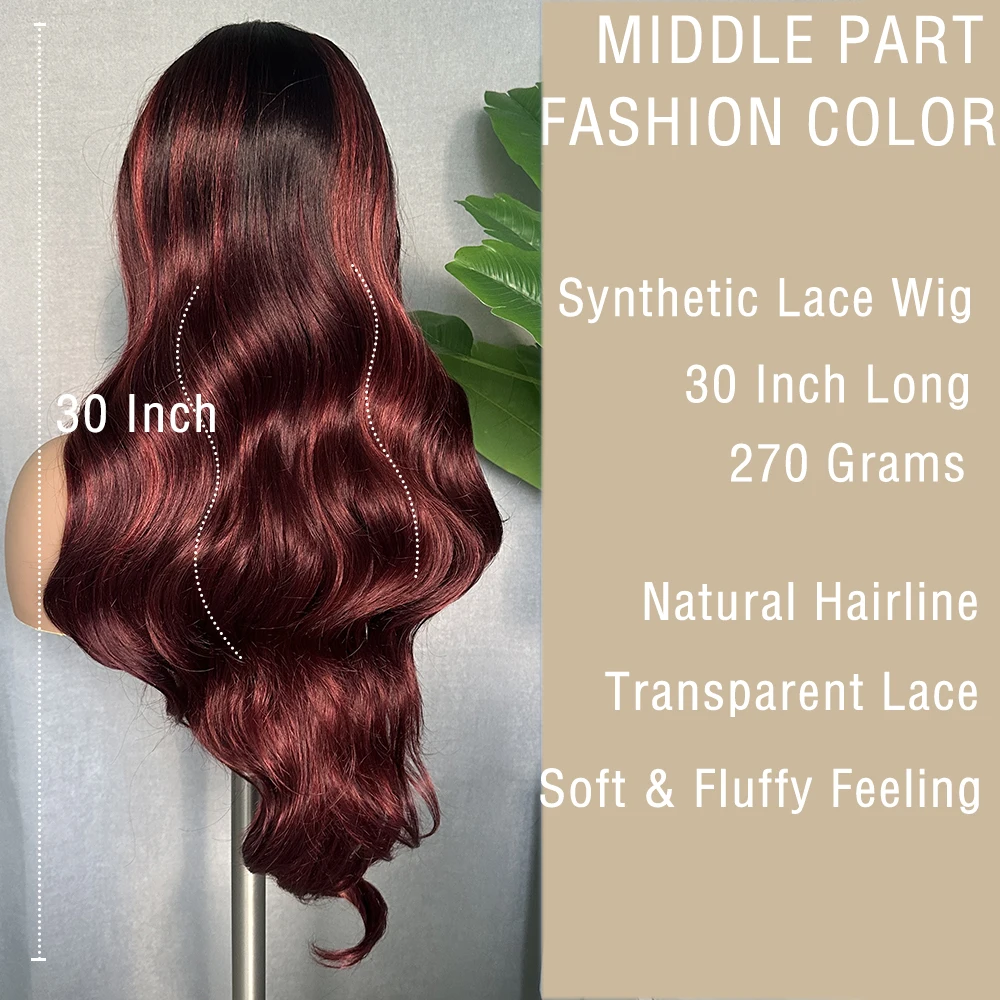 SOKU Highlight Synthetic Lace Front Wig Loose Wave Hair Dark Burgundy 30 Inch T Part Wigs with Pre Plucked Baby Hair for Women