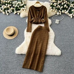 Knitting O-neck Sweater 2-piece Set Women Autumn Winter Pullover Sweater+High Waist Half Skirt Female Solid Knit Two Piece Set