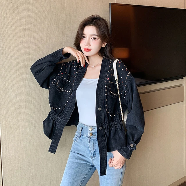 Vintage Loose V Neck Women Denim Jacket Spring Autumn 2023 Pearl Diamond Women Jean Jackets Korean Style Chic Tops Cowboy Coat AliExpress