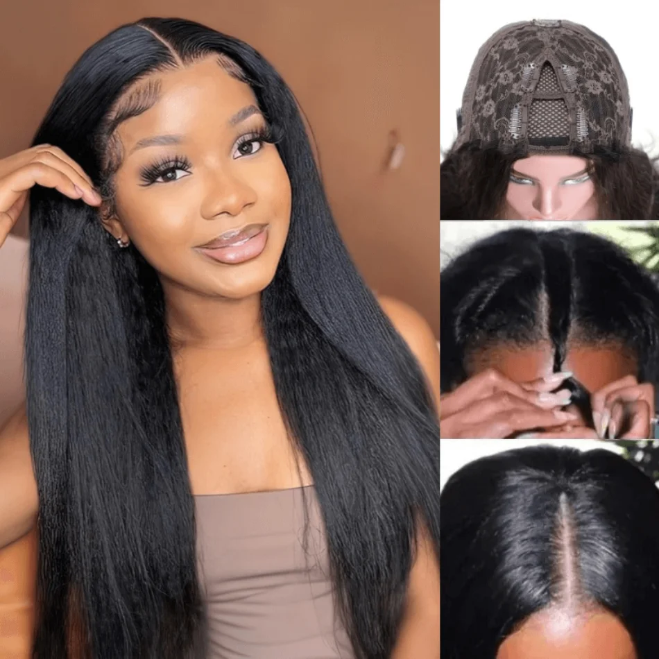 Unice Hair Yaki Straight V Part Wig Human Hair Wigs No Lace No Leave Out Glueless Wig for Women Natural Black Wear Go Wig