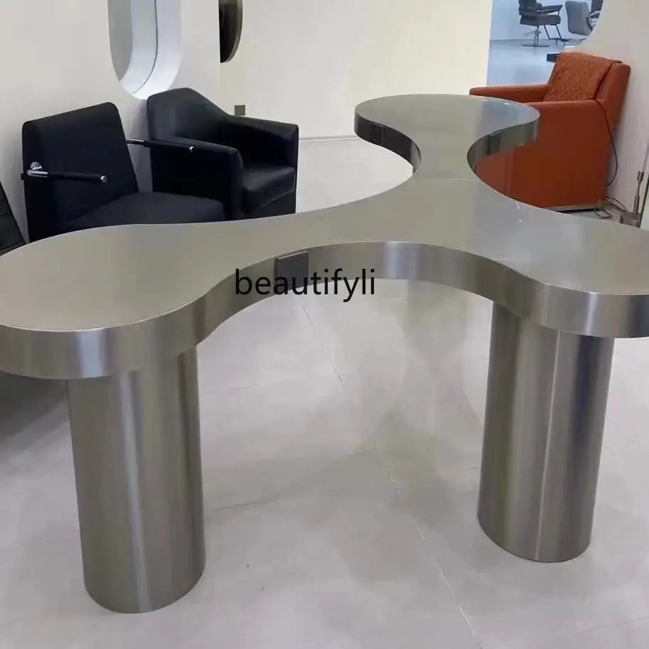 

High-end hair salon stainless steel table, perm and dyeing area workbench stainless steel rest area special-shaped countertop