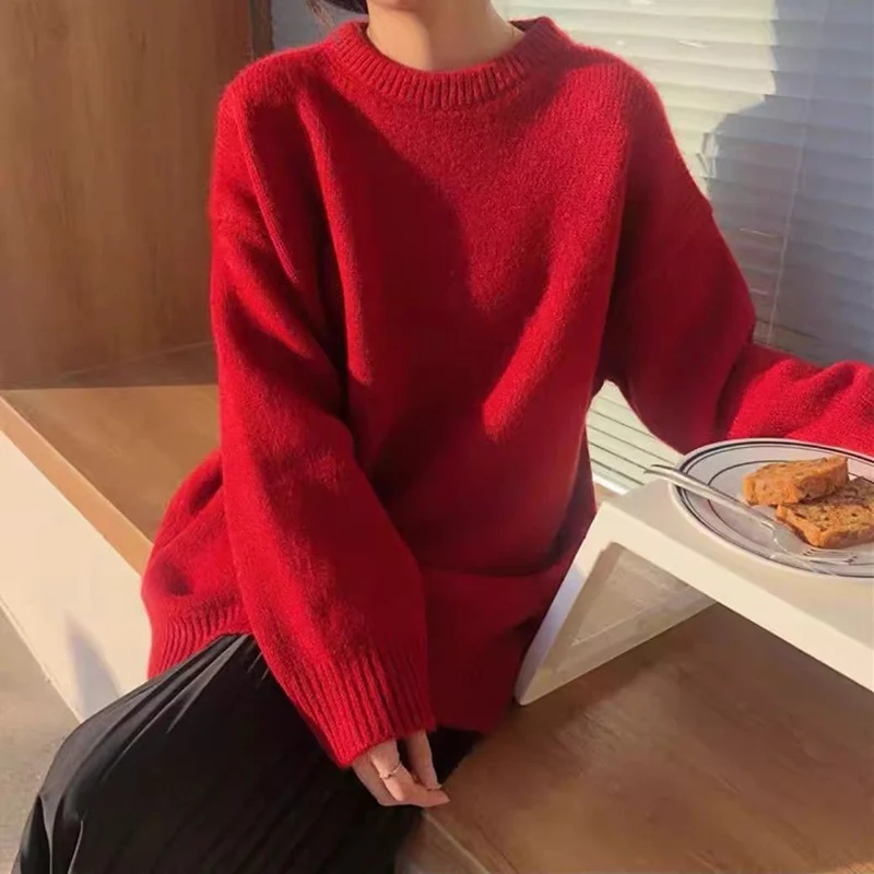 Rimocy Autumn Winter Red Sweater Women Round Neck Loose Knitted Jumpers Woman Christmas Style Long Sleeve Chic Sweaters Female