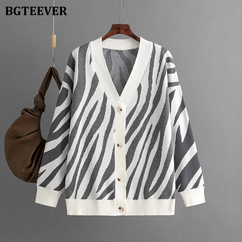 BGTEEVER Casual V-neck Long Sleeve Women Striped Cardigans Sweaters Autumn Winter Loose Single-breasted Female Knitted Coats