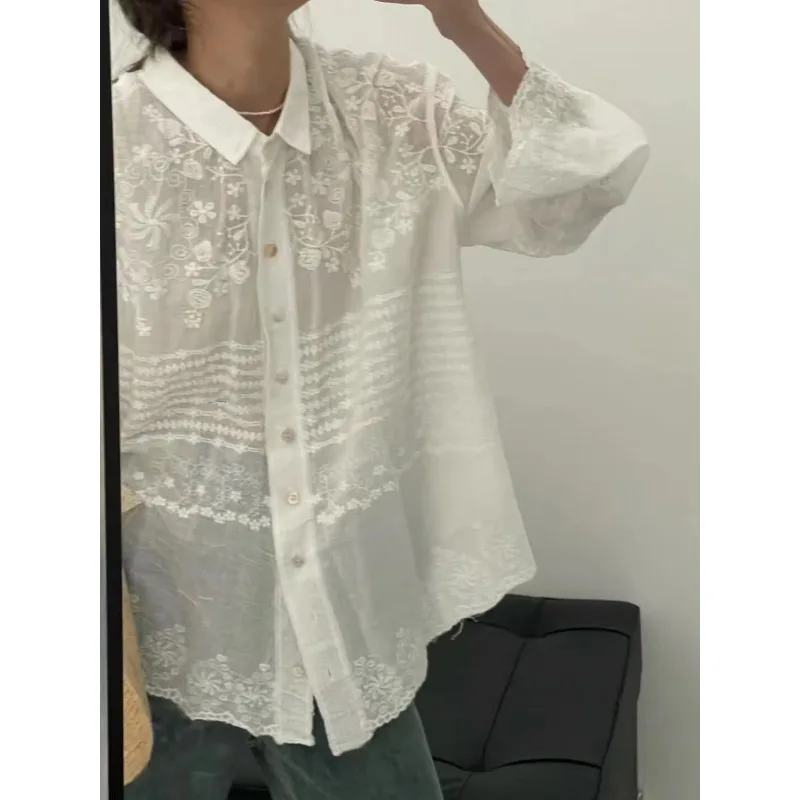 2024 Spring Retro Embroidered White Cotton Long sleeved Polo Neck Shirt Casual Loose Size Kimono Mujer New Cardigan Top