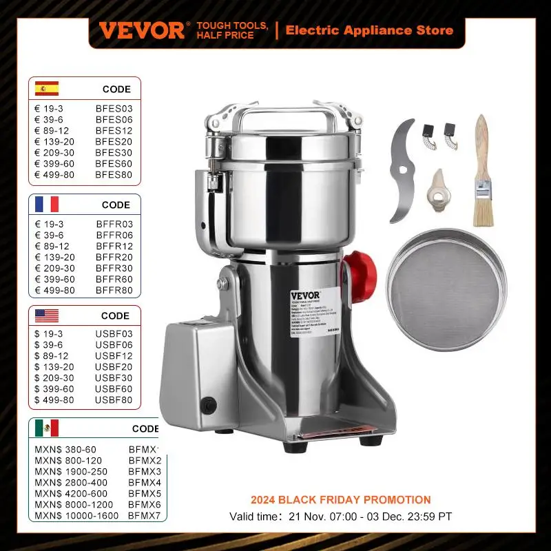 VEVOR Electric Grain Mill Grinder, Stainless Steel Pulverizer Powder Machine, for Dry Herbs Grains Spices Cereals Coffee Corn