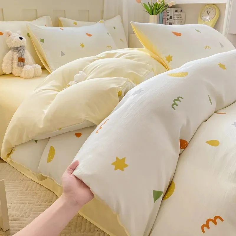 

New Washed Cotton Fresh Style Fitted Sheet Four-Piece Set, Duvet Cover, Student Dormitory Bed Sheet Three-Piece Set