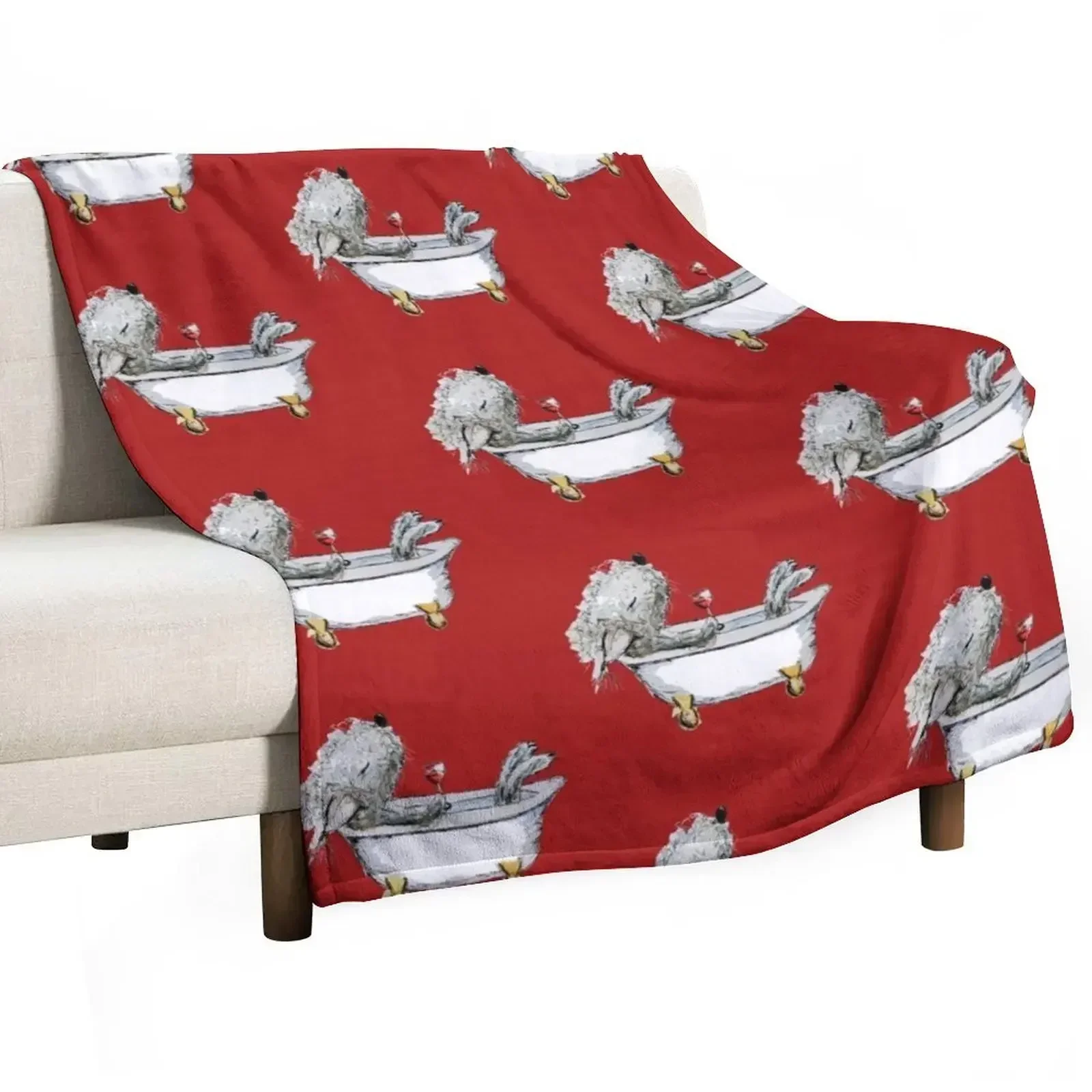 

Bedlington Terrier Dog in a Bathtub, Red Background Throw Blanket Winter beds Sofa Throw Blankets