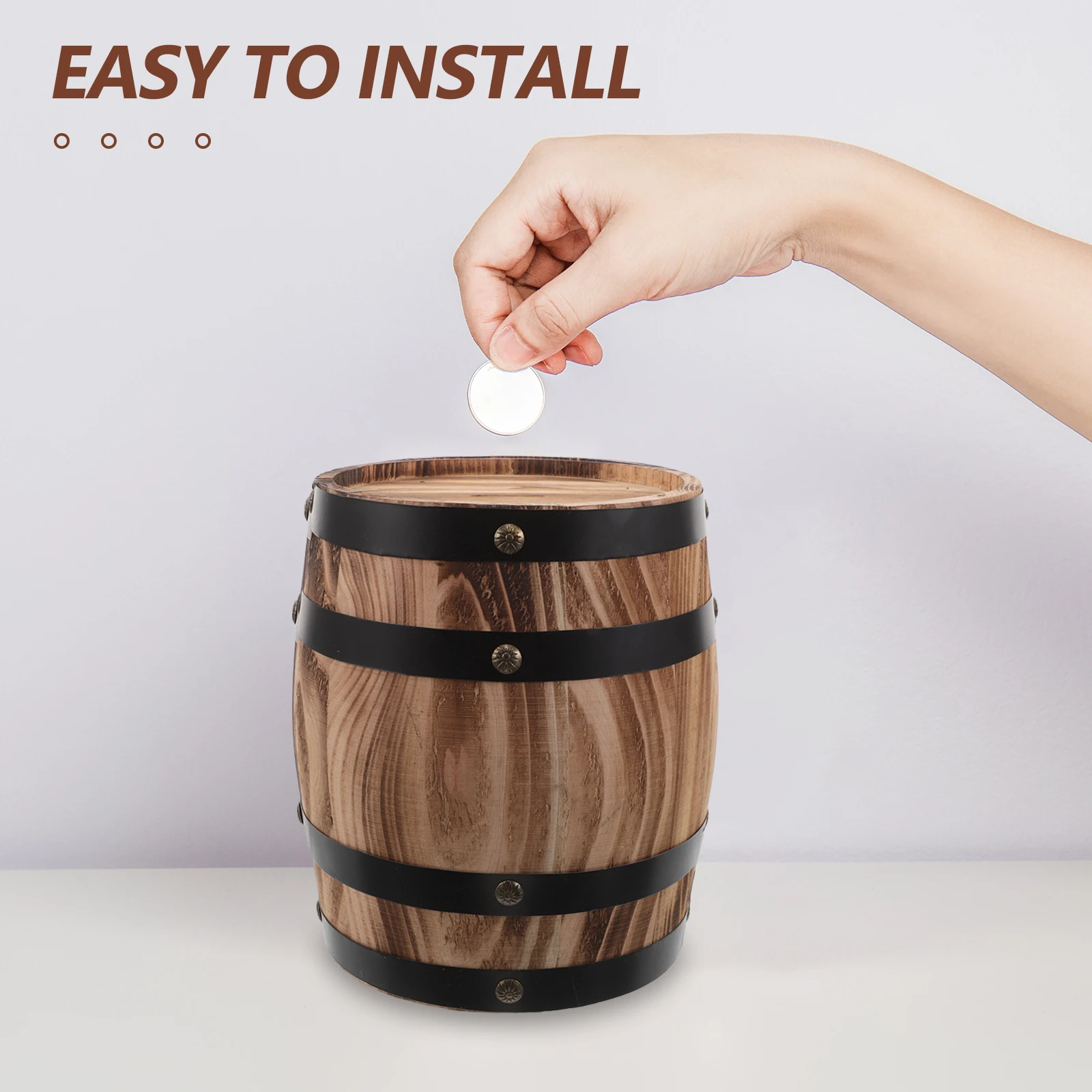 

Barrel Shaped Wooden Money Bank Rustic Vintage Oak Design for Desktop Home Decor Saving Habit Training Large Capacity