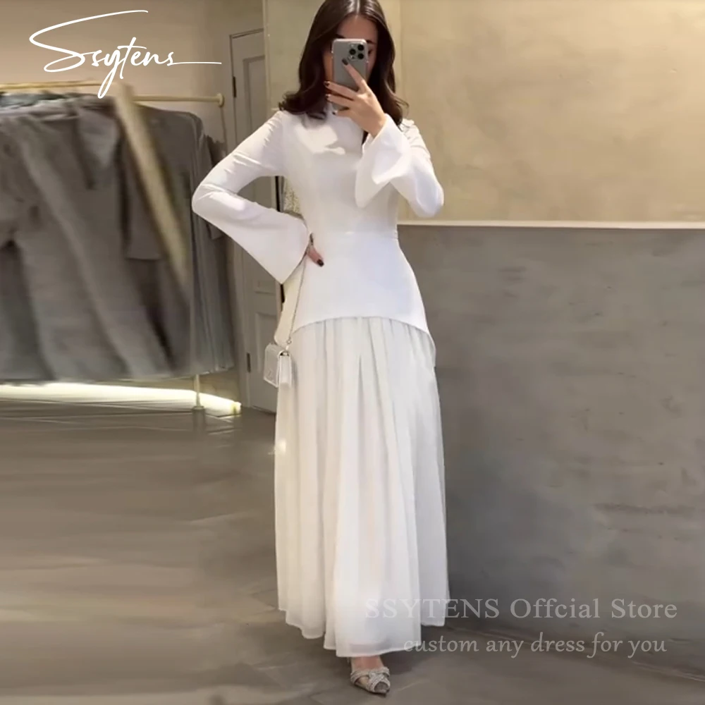 فساتين سهرة طويلة بيضاء أنيقة من SSYTENS بأكمام طويلة فساتين حفلة موسيقية خاصة باللغة العربية السعودية فساتين حفلات ذات ياقة عالية مخصصة #1