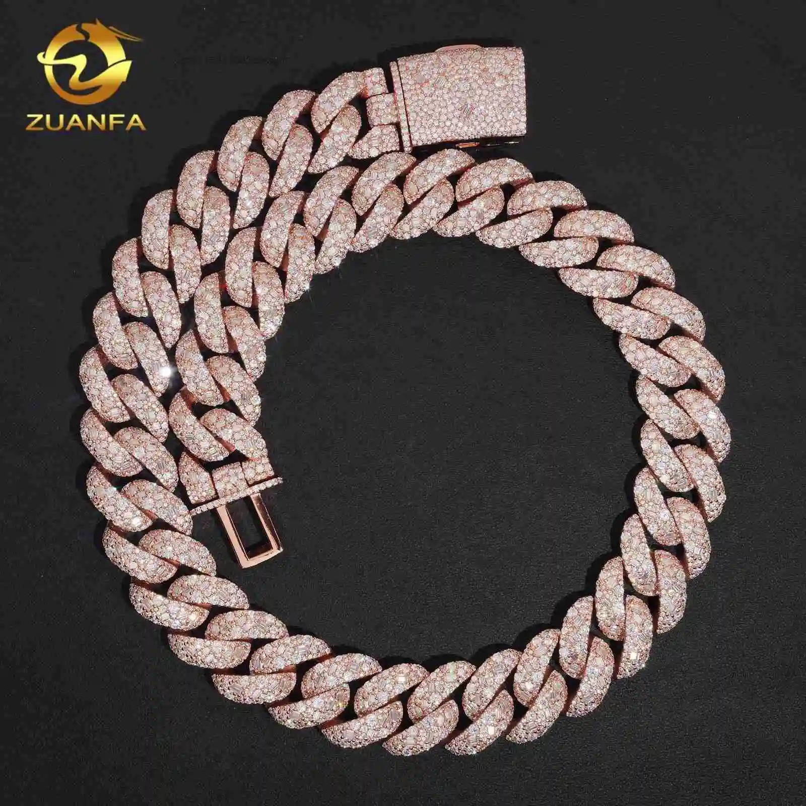 Top Quality Fine Jewelry Hip Hop Rose Gold Fancy Shape Mosaic Set 925 Silver 21mm Moissanite Cuban Link Chain，
