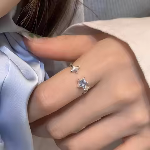PANJBJ 925 Sterling Silver Stars Ring For Women Blue Crystal Opening Sweet Romance Irregular Versatile Jewelry Gift Dropshipping