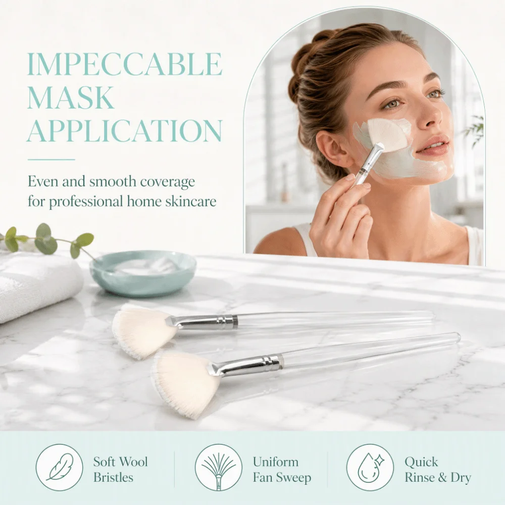 2pcs Transparent Handle Face Mask Brush White Fan Design Cosmetic Brush Slim Soft Bristles Skincare Brush Skincare Routine