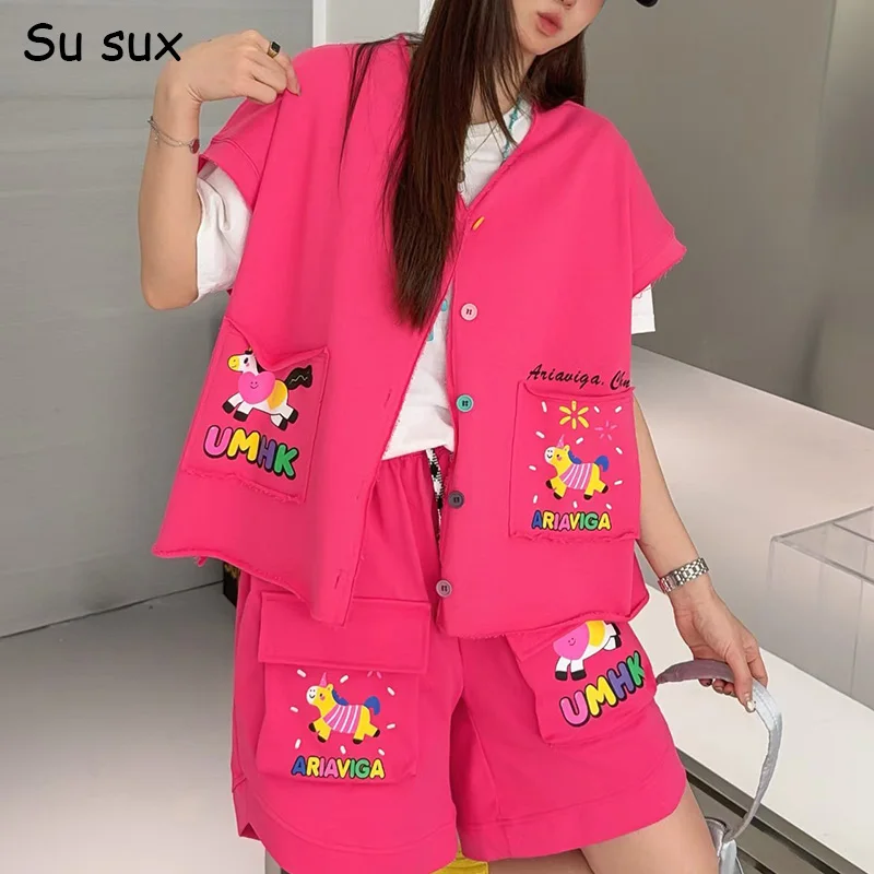 

2026 Summer Cartoon Print Half Pant Sets Woman Outfits Casual Short Sleeve Vest Waistcoat T Shirt Matching Sets Korean Fashion